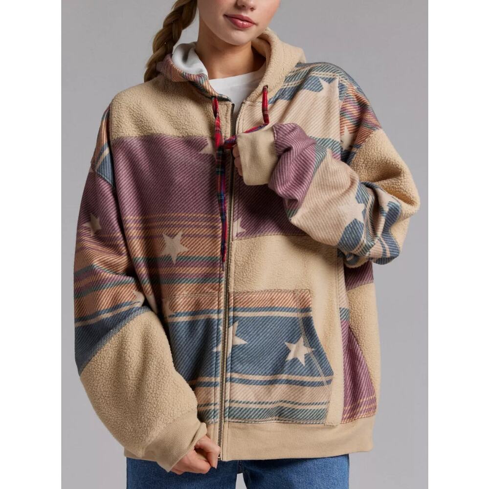 Urban Outfitters BDG Hunter Patchwork Fleece Zip Up Hoodie Sweatshirt in Neutral
